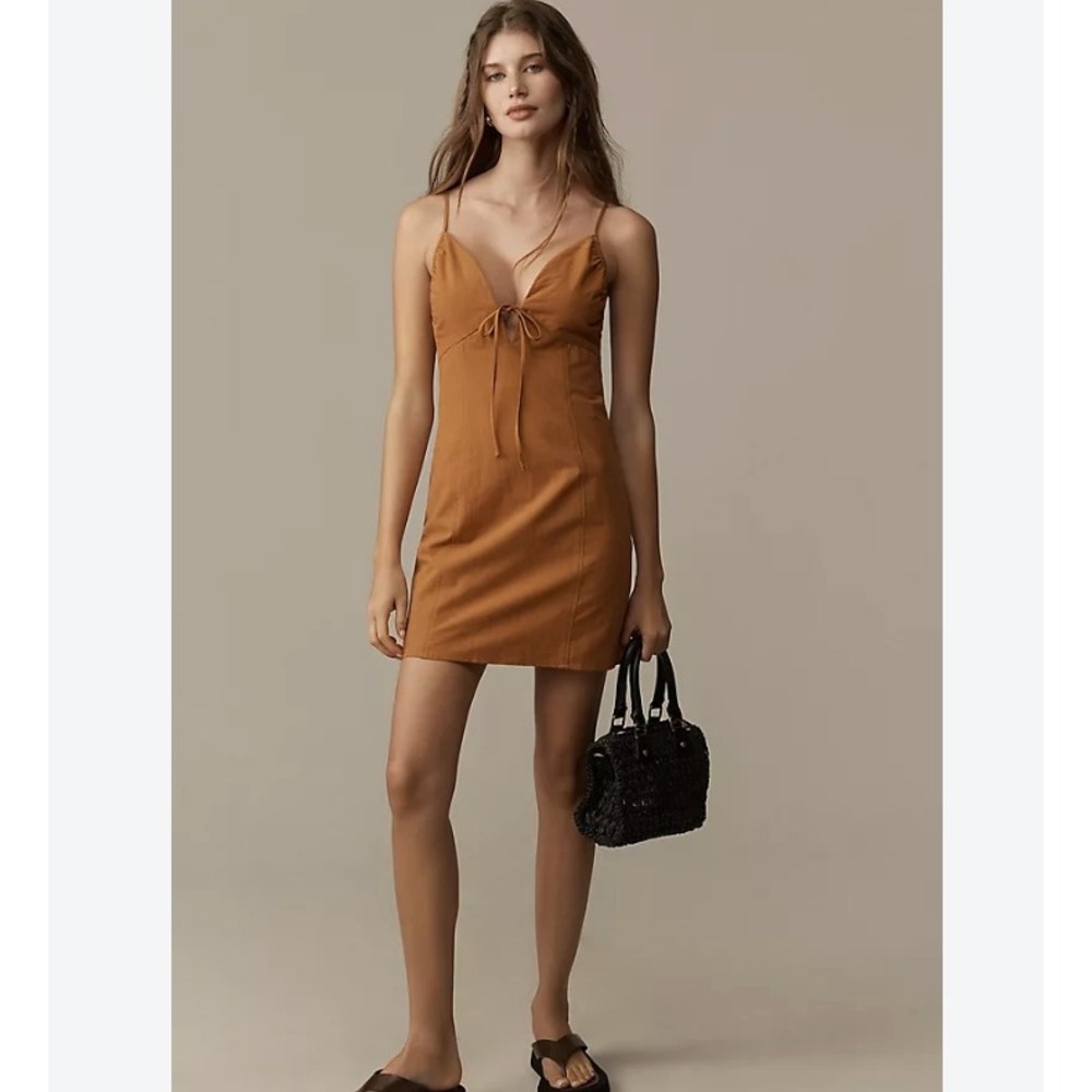 By Anthropologie Women Rust Orange Cotton Linen Tie Front Mini Dress Size M